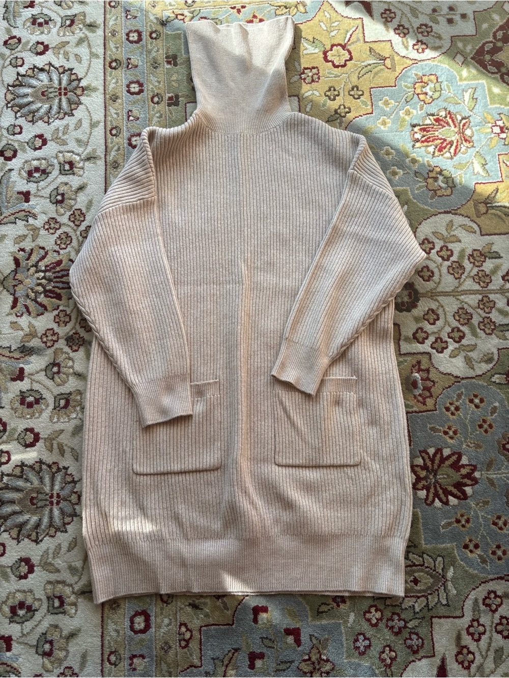 Mango Beige Ribbed Turtleneck Midi Dress with Pockets